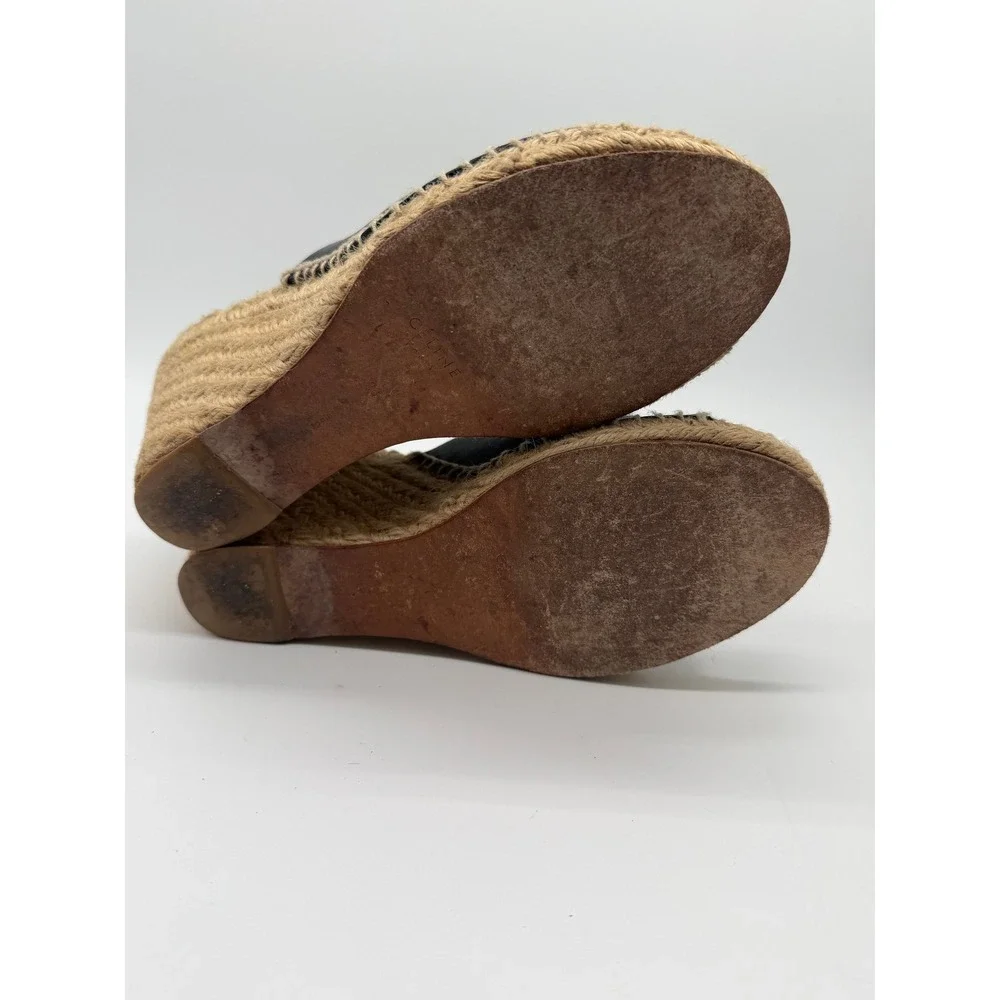 Celine Espadrille Wedge Sandals Womens 8 Black Leather Jute Platform Heel